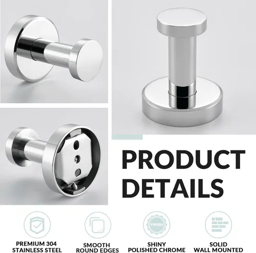 Miniatura 4 de APLusee Paquete de 2 ganchos para toallas de baño cromados pulidos, ganchos redondos para batas de acero inoxidable 304 para baño, cocina, garaje