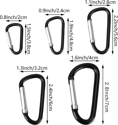 Miniatura 2 de SWATOM Mosquetón de aluminio con clip de gancho a presión llavero de 1.5/1.9/2.2/2.4/2.8 pulgadas, mosquetones negros (10P/20P)