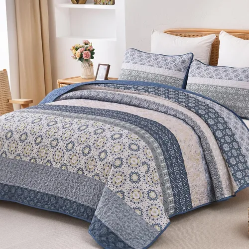 Miniatura 33 de WONGS BEDDING Juego de edredón bohemio tamaño Queen, juego de colcha de retazos a rayas bohemias aguamarina con 2 fundas de almohada, juego de ropa