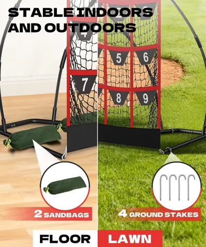 Miniatura 2 de Queension Red de lanzamiento objetivo de 9 agujeros con zona de golpeo Red de bateo de béisbol con bolsillos objetivo, red de lanzamiento con Negro