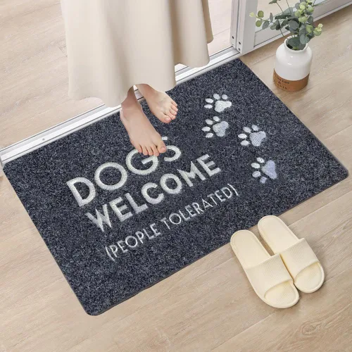Miniatura 4 de Assaoy Tapete para puerta de exterior con texto en inglés "Dogs Welcome People", divertido tapete bordado negro para entrada, para interiores y Perro