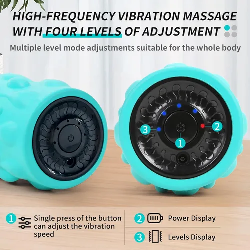 Miniatura 4 de Rodillo de espuma vibratoria de alta densidad azul con 4 velocidades personalizables para masaje de tejido profundo, recuperación muscular y alivio