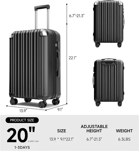 Miniatura 8 de SunnyTour Juego de equipaje expandible con ruedas giratorias dobles, juego de maleta dura de 3 piezas para viajes cortos y viajes largos, Negro