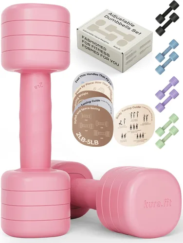 Juego de mancuernas ajustables | Pesas ligeras de mano de 2, 3, 4 y 5 libras para mujeres, ajuste de peso de un solo giro, mango de agarre curvado