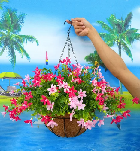 Miniatura 5 de Cesta colgante de cadena grande de 12 pulgadas para el hogar, boda, fiesta, porche, jardín, cadena colgante, magnolias artificiales de seda (rojo)