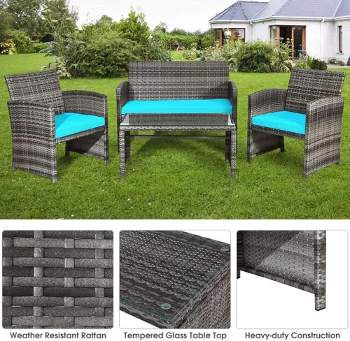 Miniatura 4 de HAPPYGRILL Juego de 4 piezas para conversación de patio con cojines suaves, juego de muebles de ratán con mesa de centro de mimbre de polietileno