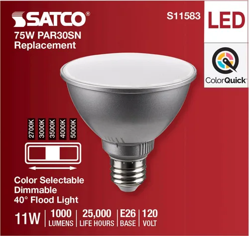 Miniatura 4 de Satco S11583; LED PAR30SN de 11 vatios; base media; acabado plateado; CCT seleccionable; 120 voltios; ángulo de haz de 40 grados
