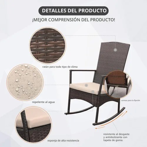 Miniatura 5 de Mecedora de mimbre de polietileno para exteriores, juego de 3 piezas, 2 sillones mecedores, mesa auxiliar de café, muebles lavables con cordones