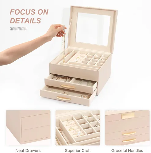Miniatura 3 de Caja organizadora de joyas, organizador de joyas de 3 capas con 2 cajones, cajas de joyería para exhibir aretes, collar, reloj, pulsera y anillos