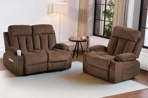 Miniatura 26 de Juego de sofá reclinable manual, 3 piezas con bolsillos laterales, portavasos para cine en casa, oficina (azul, sofá biplaza+silla)