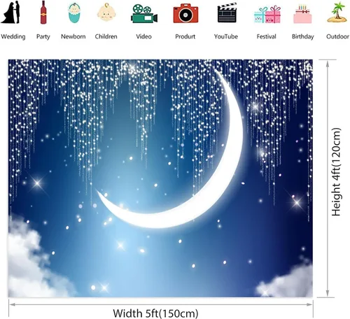 Miniatura 7 de Renaiss Twinkle Twinkle - Telón de fondo de estrella pequeña para sesión de fotos, 5 x 4 pies, media luna brillante, cielo nocturno, fondo