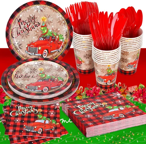 Miniatura 5 de Suministros de fiesta de Navidad, platos de papel desechables, servilletas, vasos, cuchillos, cucharas, tenedores, mantel para decoraciones