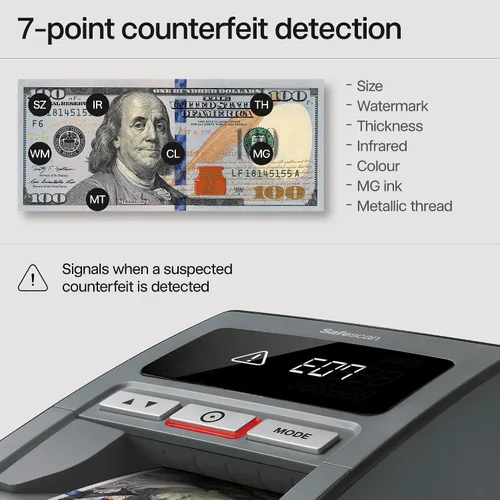 Miniatura 3 de Safescan Detector de billetes falsificados portátil multidirección, 185-S detección de falsificación de 7 puntos, se adapta a 8 monedas, detecta