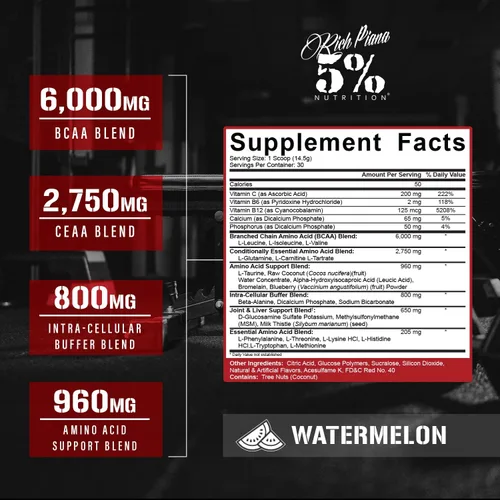 Miniatura 2 de 5% Nutrition Rich Piana AllDayYouMay BCAA Powder Aminoácidos prémium para intra y después del entrenamiento, hidratación, resistencia