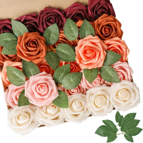 Miniatura 23 de AmyHomie 25 rosas artificiales beige de aspecto real con tallo para ramos de boda, centros de mesa, arreglos de fiesta, baby shower, día de San