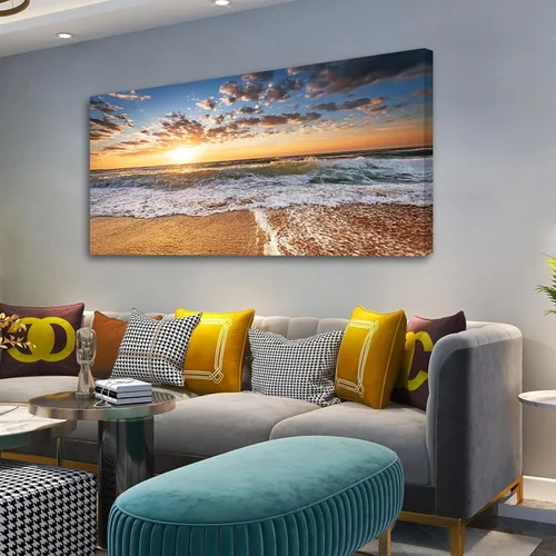 Miniatura 3 de Jiuqinghua Lienzo decorativo grande para pared, diseño de amanecer sobre el mar, 1 panel, océano, playa, olas, paisaje, pintura, obra de arte
