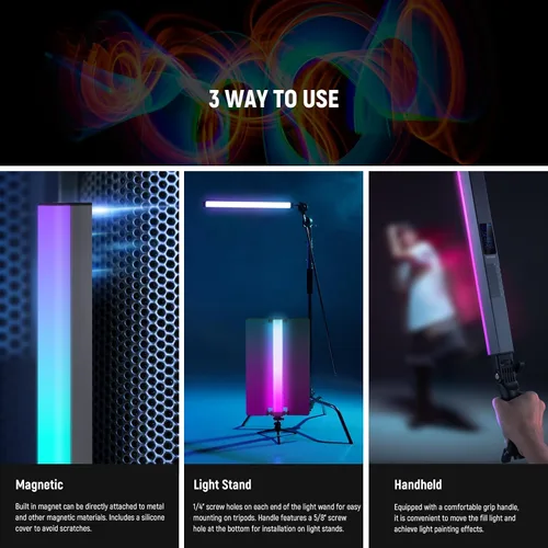 Miniatura 9 de NEEWER Barra de Luz LED RGB2 con Puerta de Granero de Metal, Mango, Barra Táctil/APP/Control 2.4G, Luz de Video RGB Magnética Recargable de Mano