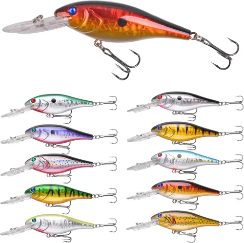 Crankbait Minnow - Señuelos de pesca, 10 señuelos de agua superior con anzuelos agudos, cebos duros Swimbaits 3D ojos de pesca realistas cebo de
