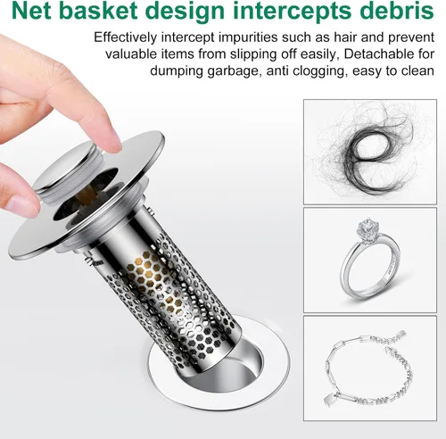 Miniatura 5 de Colador de drenaje para lavabo de baño, tapón emergente para lavabo atrapa cabellos, cesta de filtro de drenaje de acero inoxidable Ysilver-2