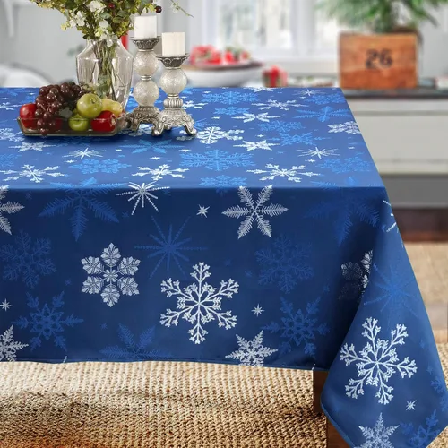 Miniatura 10 de Camino de mesa tejido jacquard metálico con copos de nieve azul navideño (corredor de 14" x 72")