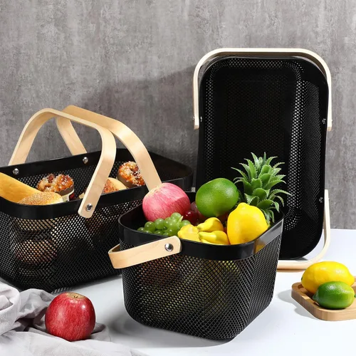 Miniatura 2 de Sadnyy 4 cestas de almacenamiento de malla de plástico para cosecha de jardín con mango de madera, contenedor de malla multifuncional para gabinete