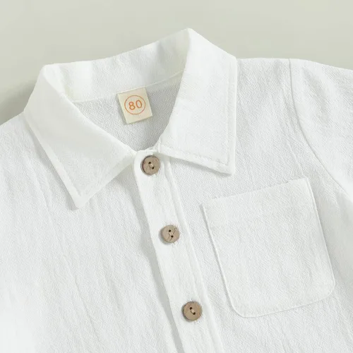 Miniatura 5 de BULINGNA Conjunto de 2 piezas de camiseta de manga corta con botones y pantalones cortos para bebé, algodón, lino, verano