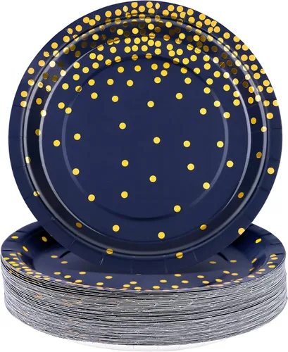 Aneco 60 platos de papel desechables de 9 pulgadas, platos de postre de lunares azules y dorados, platos redondos de papel para bodas, despedidas de