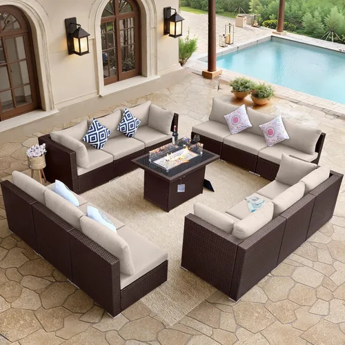 Miniatura 33 de BULEXYARD Juego de muebles de patio de respaldo alto de 7 piezas con mesa de fogata de combustible dual propano/gas natural, sofá seccional