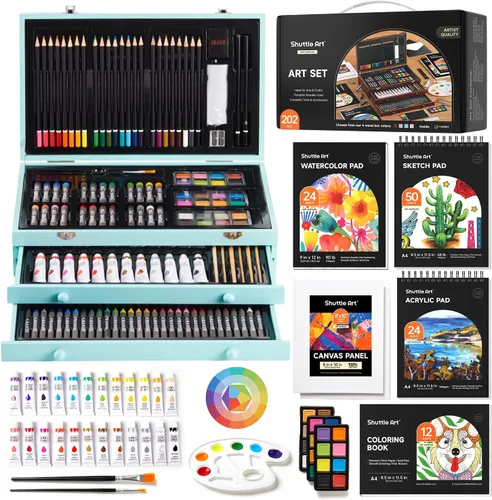 Miniatura 14 de Shuttle Art - Juego de 149 piezas de arte de lujo, suministros de arte en estuche de madera, kit de dibujo y pintura con crayones, lápices de Marrón