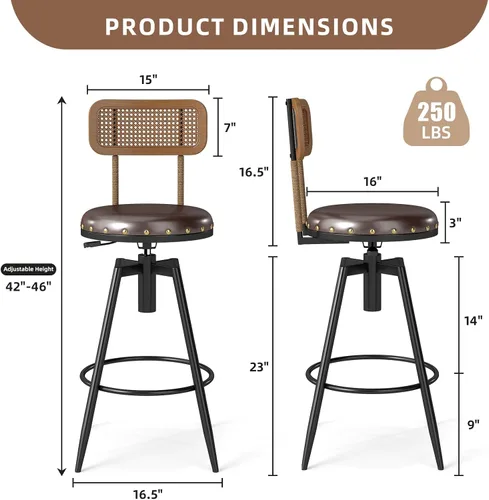 Miniatura 2 de Taburete de bar giratorio ajustable de 42 pulgadas con respaldo, taburetes rústicos de altura de bar, silla de bar de 360 grados para comedor, isla