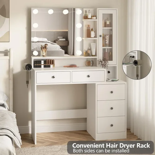 Miniatura 3 de Fameill Escritorio de maquillaje blanco con espejo y luces, mesa de tocador con tira de alimentación y espejo iluminado, mesa de maquillaje grande