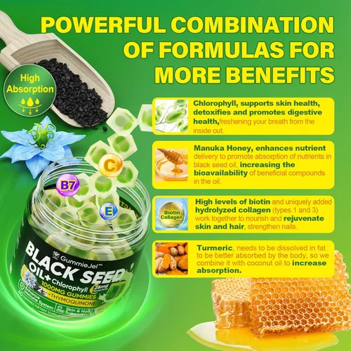 Miniatura 4 de Gomitas de aceite de semilla negra y clorofila, biotina de 500 mcg con colágeno hidrolizado, miel de manuka cruda, orgánica prensada en frío, máxima