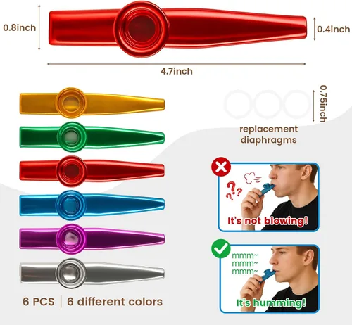 Miniatura 7 de LovesTown Kazoos Instrumentos Musicales, 6 Piezas de Kazoos de Metal con Flauta para Niños, Regalo, Favor de Fiesta, Relleno de Bolsa de Regalo