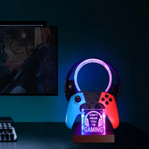 Miniatura 2 de YuanDian Gamer Gifts for Teenage Boy, Can't Hear You I'm Gaming Headset and Controller Stand, Acrylic Wooden Controller Holder with Blue Pink LED