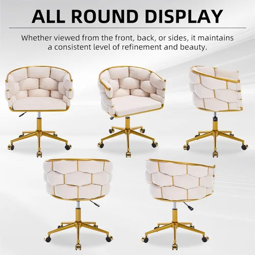 Miniatura 8 de Westice Silla de escritorio de terciopelo, silla dorada para oficina en casa con respaldo tapizado de terciopelo tejido a mano, silla giratoria