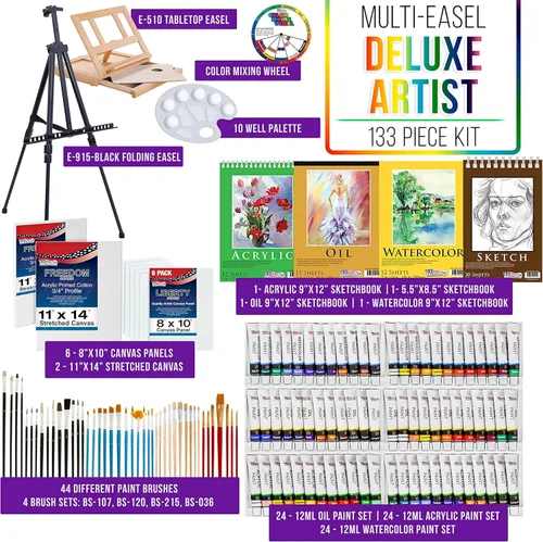 Miniatura 2 de U.S. Art Supply Juego de pintura para artistas de 133 piezas - Caballete de aluminio y madera, 24 cada uno (pinturas acrílicas, al óleo, acuarela)