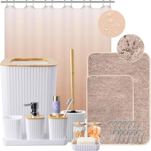 Miniatura 53 de XLHOMO - Juego de baño beige de plástico de 9 piezas, con basurero, dispensador de jabón, portacepillos de dientes, vaso, jabonera, cepillo