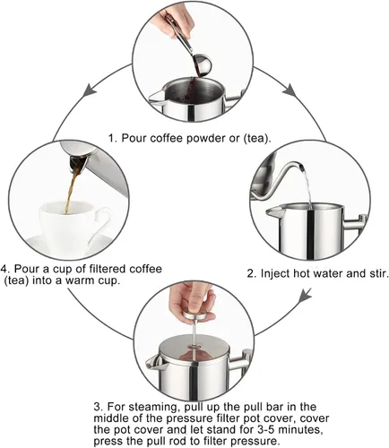 Miniatura 3 de Percoladora de café, 8.5 x 6.8 x 4.1 pulgadas, 33.8 fl oz, olla de café estable en forma de U sin goteo, hervidor de acero inoxidable de doble capa
