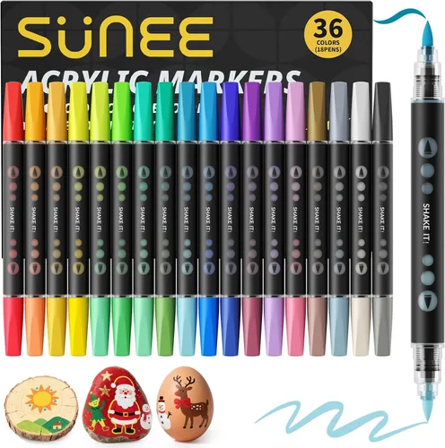 SUNEE Marcadores de pintura acrílica de 36 colores, paquete de 18 bolígrafos de pintura con punta de pincel con sistema de control automático de