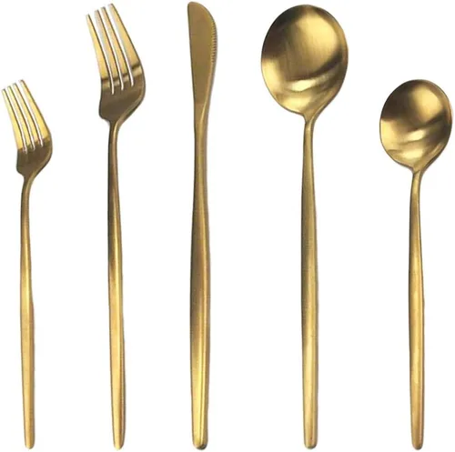 Miniatura 11 de Juego de cubiertos de 5 piezas, Uniturcky, de acero inoxidable negro y dorado, utensilios para comer con cuchillo, tenedor, cuchara para el hogar