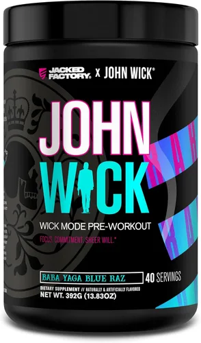 Jacked Factory X John Wick - Polvo de preentrenamiento modo Wick - Energía intensa, enfoque listo para la batalla, compromiso imparable y voluntad