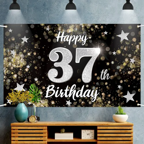 Miniatura 3 de Decoración de feliz cumpleaños 37, cartel grande de fondo de cumpleaños de 37 años con estrella de ensueño negro y plateado – Decoración de fiesta