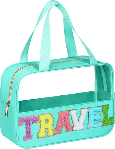 Miniatura 10 de BuyCard Bolsas de Viaje Transparentes con Parche de Letra de Chenilla, Bolsa de Maquillaje Preppy de PVC y Nylon con Asa y Cremallera, Bolsa
