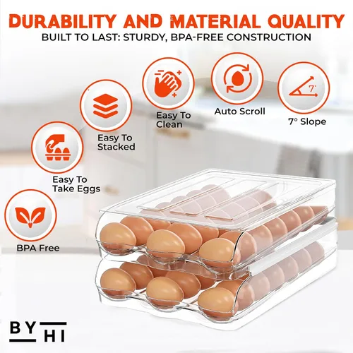 Miniatura 7 de Soporte para 36 huevos para refrigerador, organizador automático de huevos de 2 niveles para ahorrar espacio y almacenamiento fresco, sin BPA