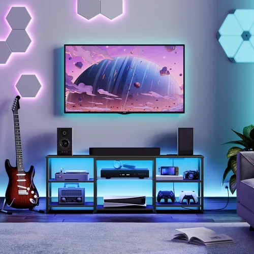 HOOBRO Soporte de TV LED para televisores de 65 pulgadas con estación de carga, centro de entretenimiento para juegos con almacenamiento abierto de