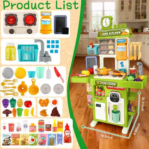 Miniatura 7 de Juego de cocina de juguete mejorado para niños y niñas, juego de mini cocina con fregadero con rociador y iluminación realista, juguetes de cocina