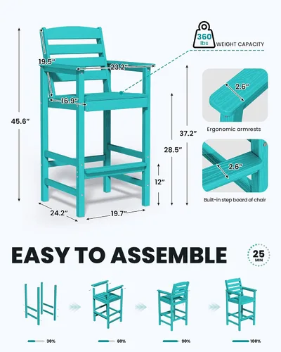 Miniatura 2 de SERWALL Juego de 2 sillas Adirondack altas Adirondack de gran tamaño, taburetes de bar con altura de barra para exteriores, juego de sillas