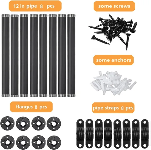 Miniatura 6 de Juego de 8 soportes industriales para estantes de tubería de 12 pulgadas, soportes de estantería de hierro negro rústicos montados en la pared