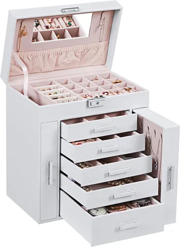 ANWBROAD Caja organizadora de joyas Caja de joyería para mujer con cerradura de 6 niveles Caja de almacenamiento de joyería blanca para aretes,