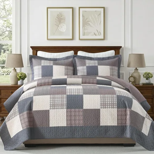 KALOOLA Colcha de granja tamaño King – Juego de ropa de cama acolchada ligera 100% algodón, 3 piezas, colcha a cuadros estampada con 2 fundas de